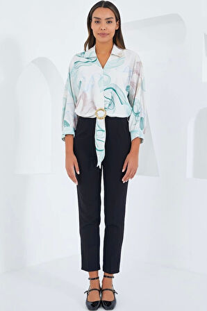Oversize Dökümlü Crop Saten Gömlek 906 - Mint