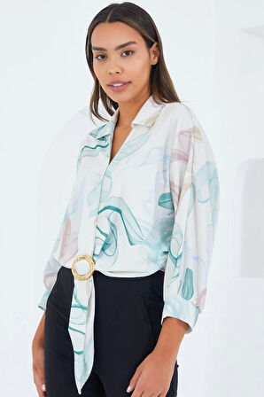Oversize Dökümlü Crop Saten Gömlek 906 - Mint