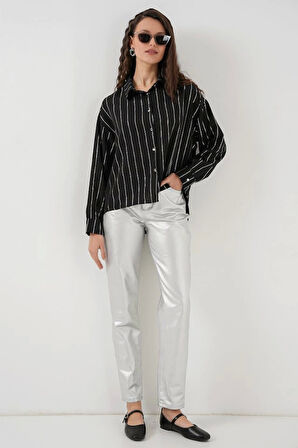 5924 Gümüş Çizgili Gömlek - Siyah