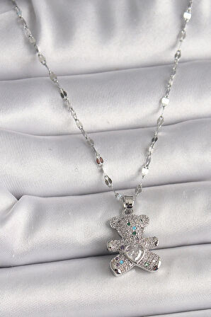 316L Çelik Gümüş Renk Zincir Renkli Zirkon Taşlı Ayıcık Figür Taşlı Kalp Detay Kadın Kolye