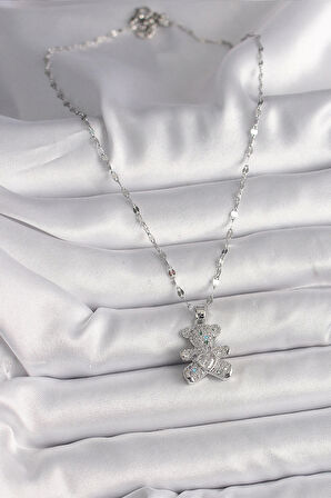 316L Çelik Gümüş Renk Zincir Renkli Zirkon Taşlı Ayıcık Figür Taşlı Kalp Detay Kadın Kolye