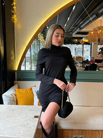 Kadın Uzun Kollu Balıkçı Yaka Omuz Katlamalı Dalgıç Kısa Elbise