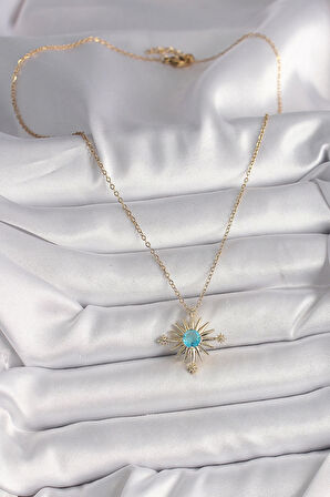316L Çelik Gold Renk Zincir Mavi Taş Detaylı Kuzey Yıldız Model Kadın Kolye