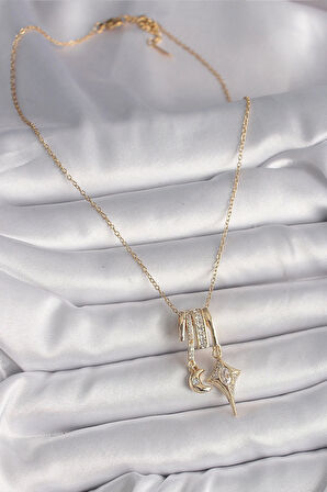 316L Çelik Gold Renk Zincir Sallantı Zirkon Taşlı Hilal Yılıdız Model Kadın Charm Kolye