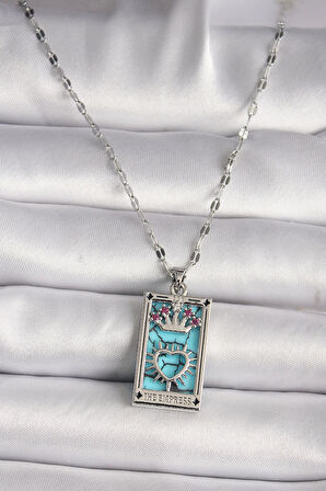 316L Çelik Gümüş Renk Pembe Zirkon Taşlı Taç Kalp Portre Model Kadın Kole