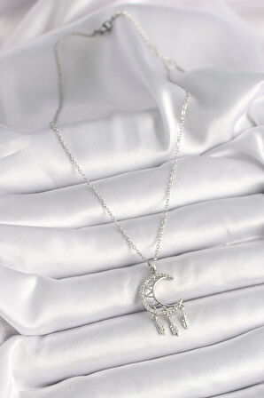 316L Çelik Gümüş Renk Zincir Zirkon Taşlı Hilal Model Sallantı Yaprak Detay Kadın Kolye