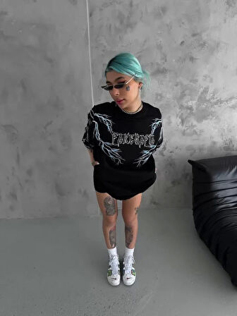 Unisex Bisiklet Yaka Baskılı Oversize T-Shirt - Siyah