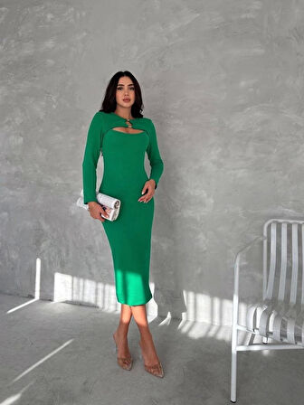 Kadın Uzun Kollu Halka Ve Pencere Dekolte Detay Fırsat ürün Midi Boy Elbise