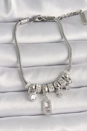 316L Çelik Gümüş Renk Zincir Sallantı Zirkon Taşlı Messika Figür Yıldız Detay Kadın Bileklik