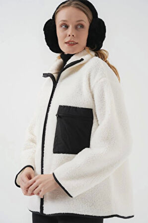 55446 Fermuarlı Oversize Peluş Ceket Mont - D. Siyah