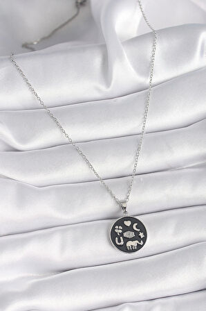 316L Çelik Gümüş Renk Siyah Renk Şans Kolyesi