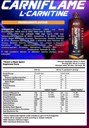 SSN Sports Style Nutrition Carniflame 3000 mg 900 Ml (Mandarin Fesh / Mandalina) L Karnitin L-Carnitine