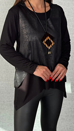 Kadın Siyah Deri Yelekli Kolye Dahil üçlü Takım