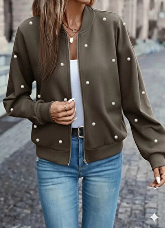 Kadın Uzun Kollu önden Fermuarlı Incili Kısa Modal Ceket