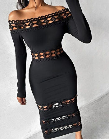 Kadın Uzun Kollu Madonna Dantel Yaka Yırtmaçlı Midi Dalgıç Elbise