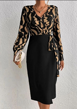 Kadın Uzun Kollu Kruvaze Yaka Dijital Baskılı Fiyonk Detay Atlas Kumaş Elbise