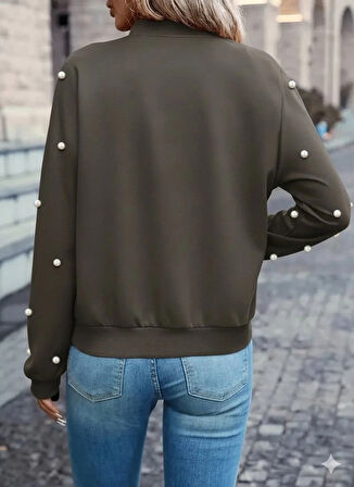 Kadın Uzun Kollu önden Fermuarlı Incili Kısa Modal Ceket