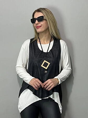 Kadın Siyah Deri Yelekli Kolye Dahil üçlü Takım