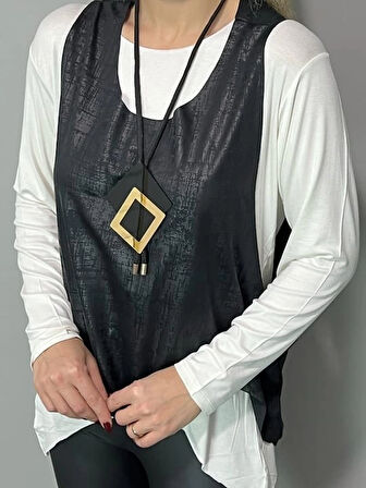 Kadın Siyah Deri Yelekli Kolye Dahil üçlü Takım