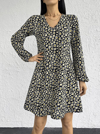 Kadın Uzun Kollu V Yaka çiçek Desenli Helen Kumaş Elbise