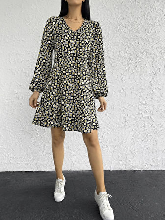 Kadın Uzun Kollu V Yaka çiçek Desenli Helen Kumaş Elbise