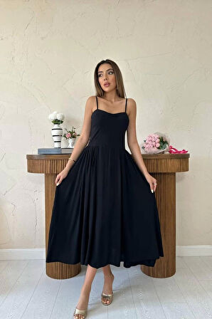 Siyah Göğüs Kuplu Uzun Büzgülü Elbise