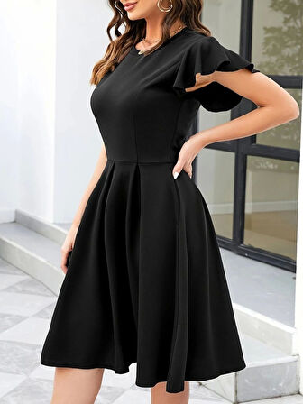 Kadın Kelebek Kollu Bisiklet Yakalı Pileli Ithal Krep Elbise