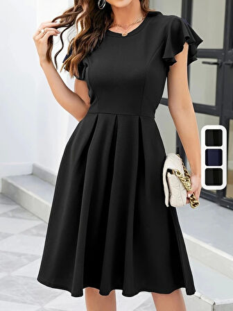 Kadın Kelebek Kollu Bisiklet Yakalı Pileli Ithal Krep Elbise