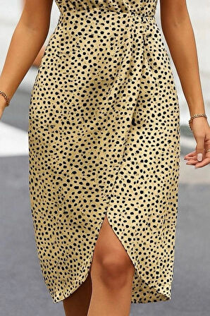 Kadın Sıfır Kol Kruvaze Yaka önden çapraz Kesim Detaylı Desenli Oysho Süprem Elbise