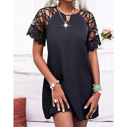 Kadın Dantelli Kısa Kollu Damla Yaka Krep Elbise