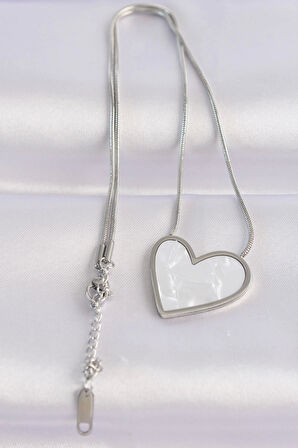 316L Çelik Zincir Gümüş Renk Mermer Desenli Kalp Kolye