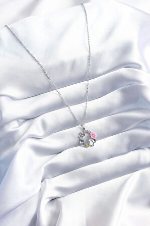 316L Çelik Gümüş Renk Kedi Çiçek Kelebek Figür Kadın Kolye