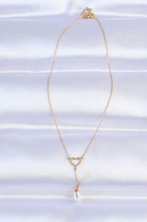 316L Çelik Zincir Gold Renk İnci Taş Detay Kalp Kolye
