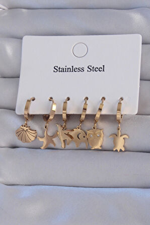 316L Çelik Gold Renk Zirkon Taşlı Hayvan Figürlü Deniz Yıldızı Model Halka Küpe Seti
