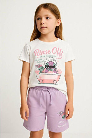 Yeni Sezon Karakter detaylı Sırt Baskılı T-shirt ve Şort Alt Üst Kız Çocuk Takım ( 6-14 Yaş)