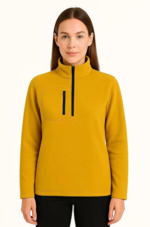 Polar Kazak – Dik Yaka, Yarım Fermuarlı, Fermuarlı Göğüs Cepli, Siyah Biyeli, Kışlık Rahat Regular Fit Günlük Model - Sarı