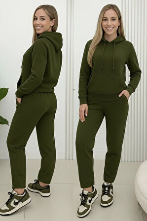 Kadın Uzun Kollu Kapşonlu Bağcıklı üç Iplik Bluz Ve Pantolon Ikili Takım