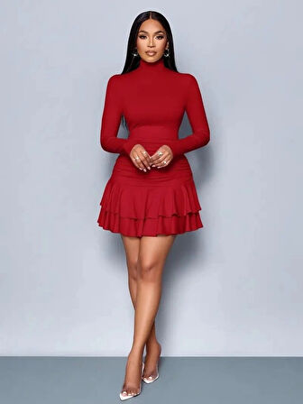 Kadın Uzun Kollu Balıkçı Yaka Mini Fırfırlı Sandy Elbise