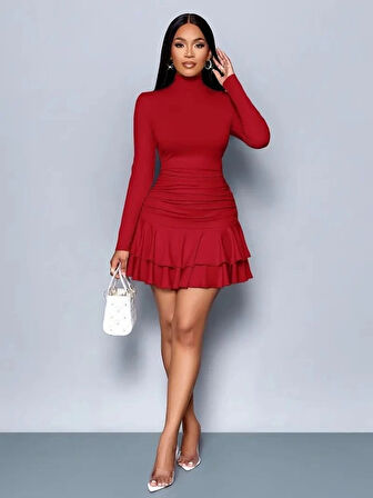 Kadın Uzun Kollu Balıkçı Yaka Mini Fırfırlı Sandy Elbise