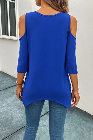 Kadın Omuzlardan Açık Sıfır Yaka Asimetrik Kesim Detay Viskon Bluz