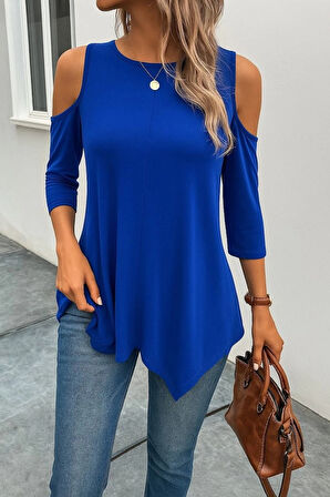 Kadın Omuzlardan Açık Sıfır Yaka Asimetrik Kesim Detay Viskon Bluz