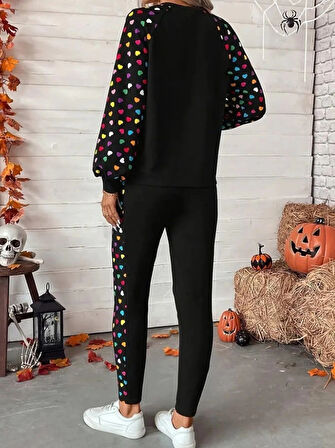 Kadın Uzun Kollu Bisiklet Yaka Desenli Viskon Iki Iplik Bluz Ve Pantolon Ikili Takım