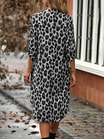 Kadın Uzun Kollu Yakalı önden Düğmeli Leopar Desenli Modal Midi Elbise