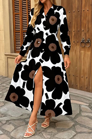 Kadın Yakalı önden Düğmeli çiçek Desenli Uzun Süprem Elbise