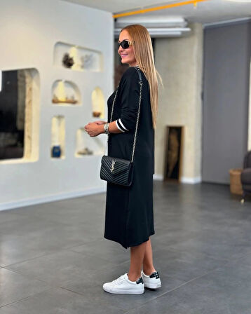 Kadın Uzun Kollu V Ribana Yakalı Yanlardan Yırtmaçlı Midi Viskon Iki Iplik Elbise