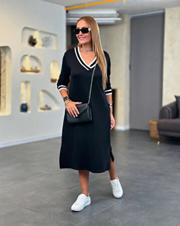 Kadın Uzun Kollu V Ribana Yakalı Yanlardan Yırtmaçlı Midi Viskon Iki Iplik Elbise