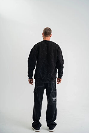 Unisex Bisiklet Yaka Özel Pis Dikişli Yıkamalı SweatShirt - Siyah