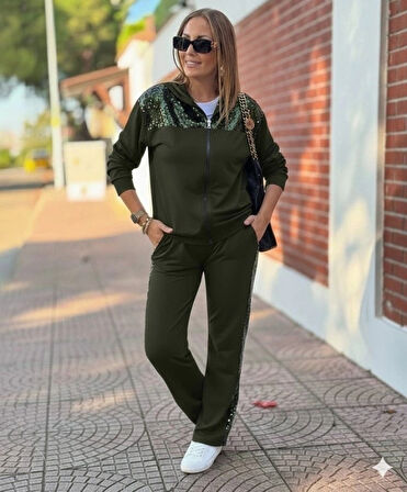 Kadın Uzun Kollu önden Fermuarlı Pul Payetli Alt üst Viskon Iki Iplik Takım