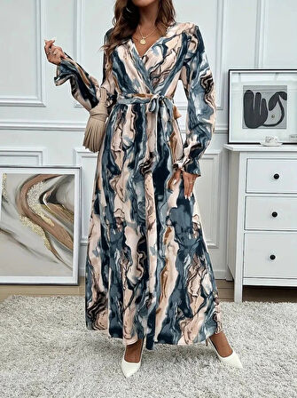 Kadın Uzun Kollu Kruvaze Yakalı Beli Kuşaklı Desenli Süprem Maxi Elbise