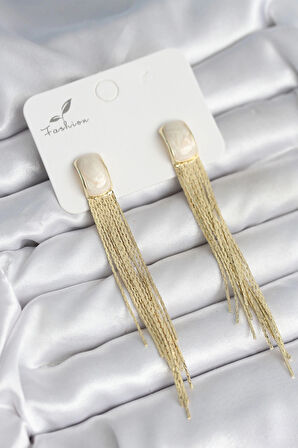 Sallantılı Beyaz Mineli Gold Renk Kadın Küpe